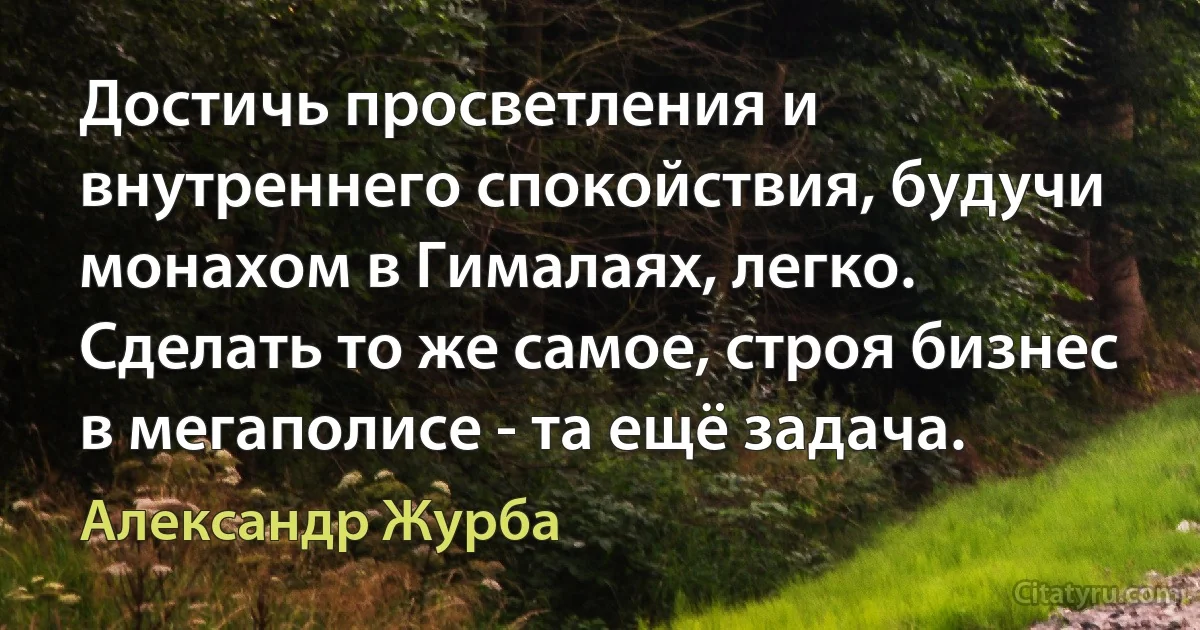 Достичь просветления и внутреннего спокойствия, будучи монахом в Гималаях, легко. Сделать то же самое, строя бизнес в мегаполисе - та ещё задача. (Александр Журба)