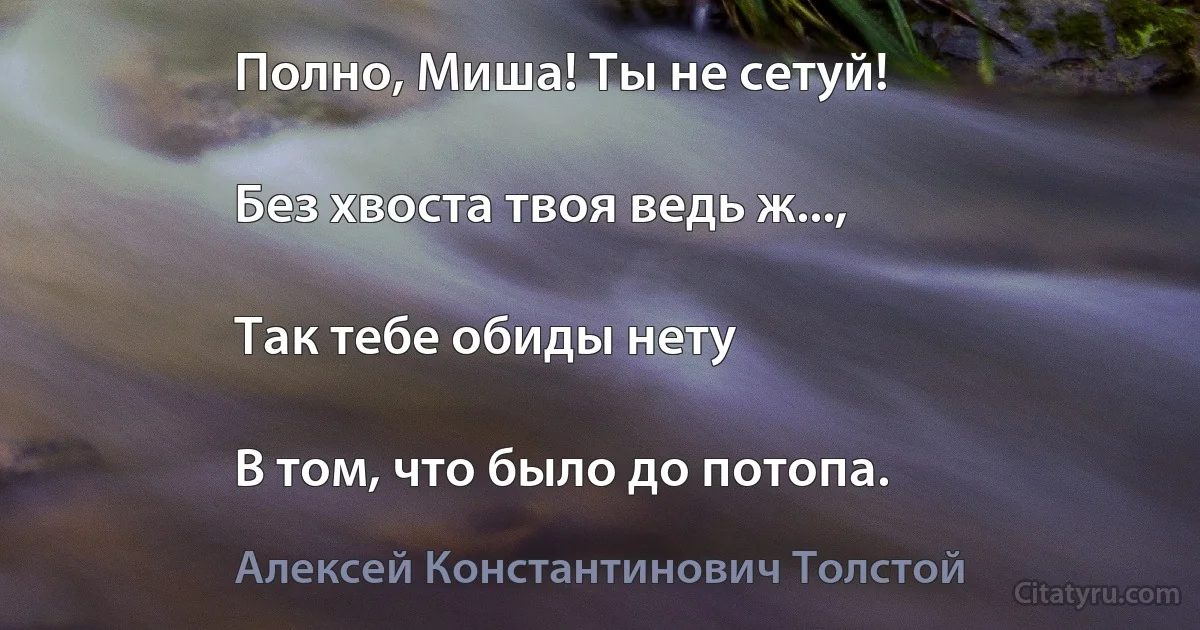 Полно, Миша! Ты не сетуй!

Без хвоста твоя ведь ж...,

Так тебе обиды нету

В том, что было до потопа. (Алексей Константинович Толстой)