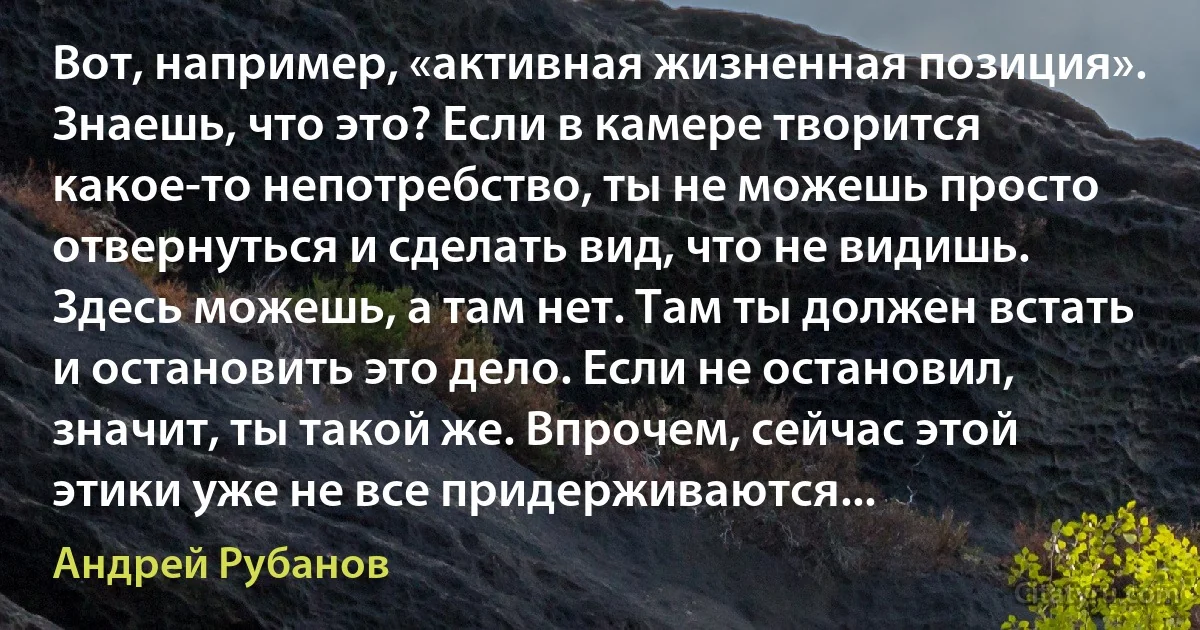 Вот, например, «активная жизненная позиция». Знаешь, что это? Если в камере творится какое-то непотребство, ты не можешь просто отвернуться и сделать вид, что не видишь. Здесь можешь, а там нет. Там ты должен встать и остановить это дело. Если не остановил, значит, ты такой же. Впрочем, сейчас этой этики уже не все придерживаются... (Андрей Рубанов)