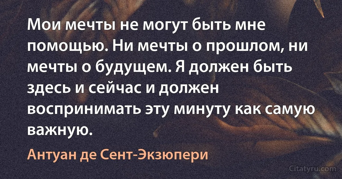 Мои мечты не могут быть мне помощью. Ни мечты о прошлом, ни мечты о будущем. Я должен быть здесь и сейчас и должен воспринимать эту минуту как самую важную. (Антуан де Сент-Экзюпери)