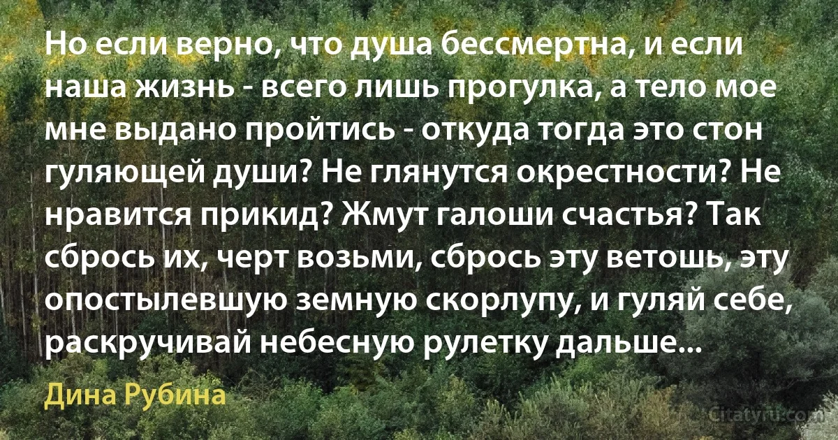 Но если верно, что душа бессмертна, и если наша жизнь - всего лишь прогулка, а тело мое мне выдано пройтись - откуда тогда это стон гуляющей души? Не глянутся окрестности? Не нравится прикид? Жмут галоши счастья? Так сбрось их, черт возьми, сбрось эту ветошь, эту опостылевшую земную скорлупу, и гуляй себе, раскручивай небесную рулетку дальше... (Дина Рубина)