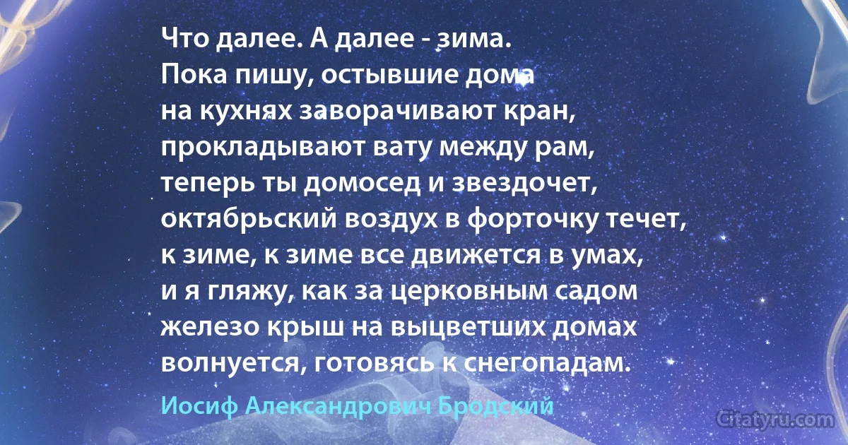 Что далее. А далее - зима.
Пока пишу, остывшие дома
на кухнях заворачивают кран,
прокладывают вату между рам,
теперь ты домосед и звездочет,
октябрьский воздух в форточку течет,
к зиме, к зиме все движется в умах,
и я гляжу, как за церковным садом
железо крыш на выцветших домах
волнуется, готовясь к снегопадам. (Иосиф Александрович Бродский)