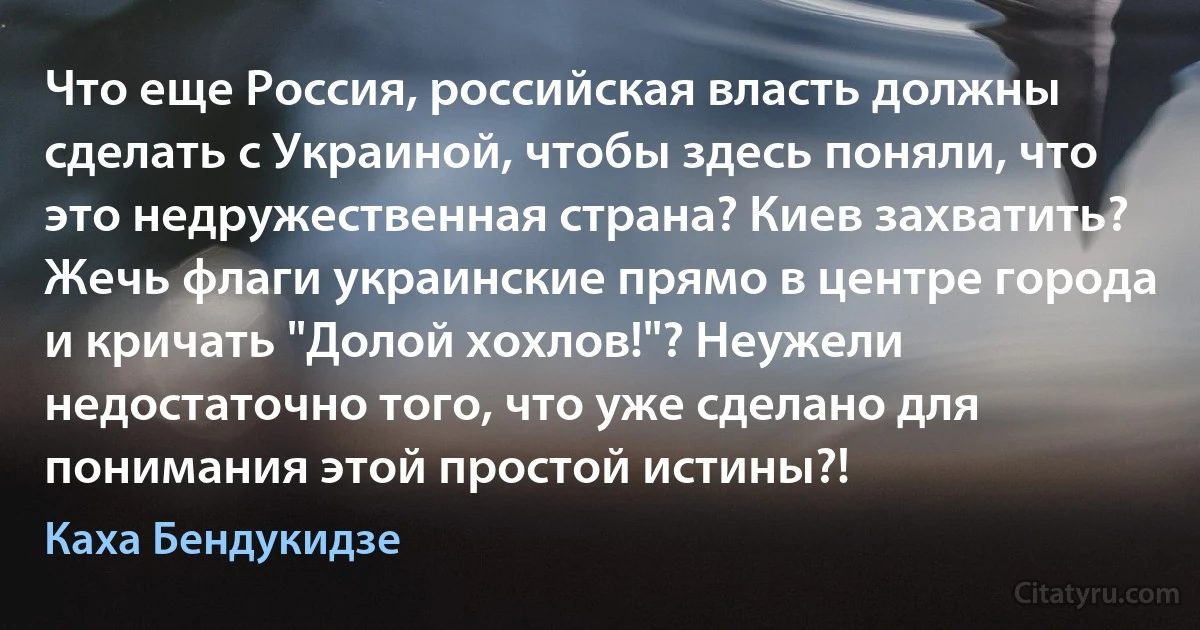 Что еще Россия, российская власть должны сделать с Украиной, чтобы здесь поняли, что это недружественная страна? Киев захватить? Жечь флаги украинские прямо в центре города и кричать "Долой хохлов!"? Неужели недостаточно того, что уже сделано для понимания этой простой истины?! (Каха Бендукидзе)