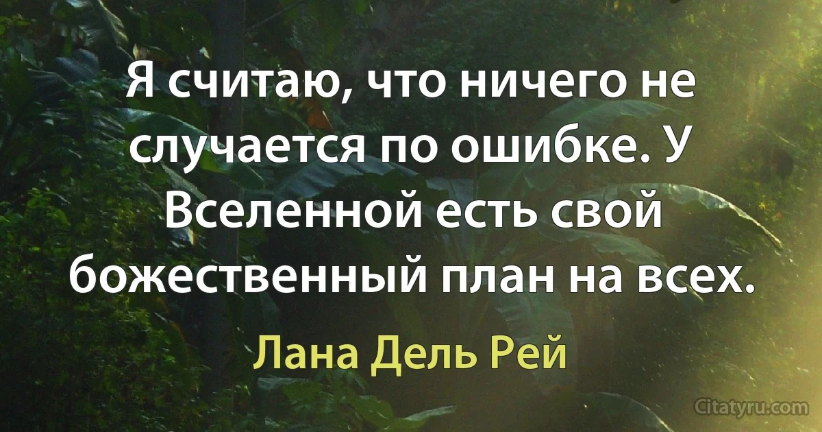 Я считаю, что ничего не случается по ошибке. У Вселенной есть свой божественный план на всех. (Лана Дель Рей)