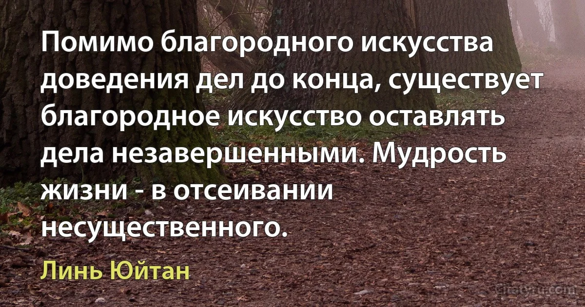 Помимо благородного искусства доведения дел до конца, существует благородное искусство оставлять дела незавершенными. Мудрость жизни - в отсеивании несущественного. (Линь Юйтан)