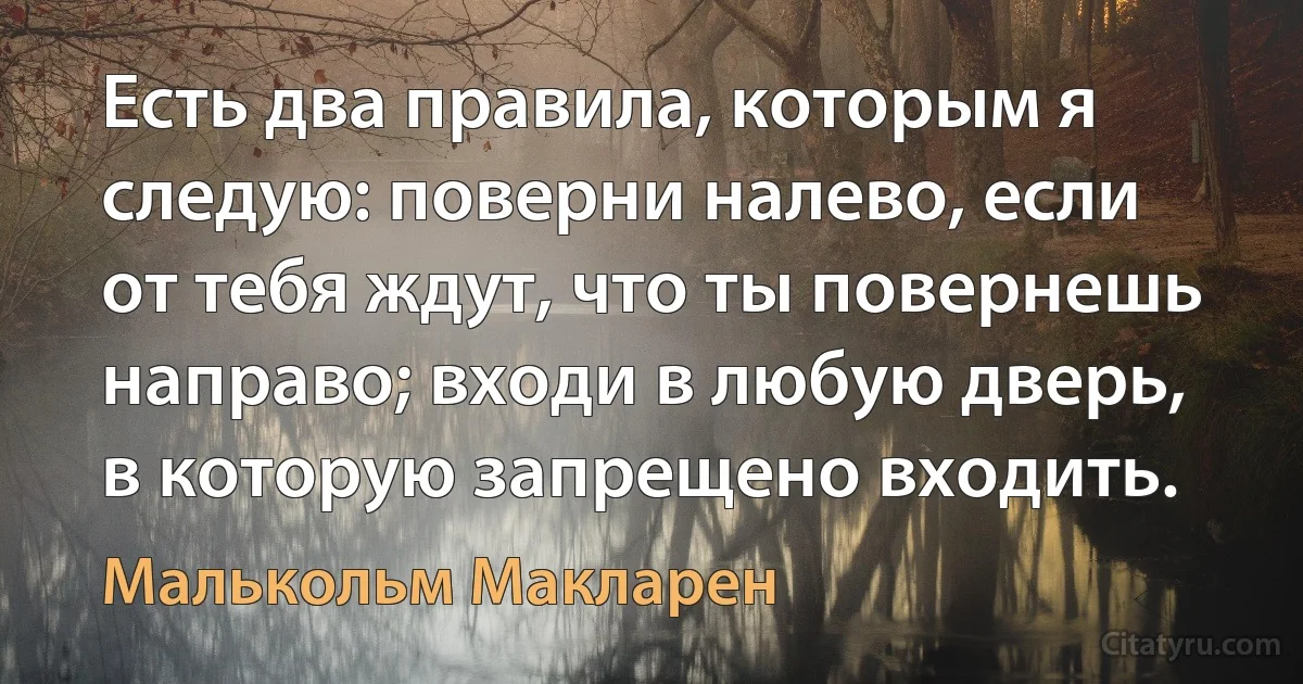 Есть два правила, которым я следую: поверни налево, если от тебя ждут, что ты повернешь направо; входи в любую дверь, в которую запрещено входить. (Малькольм Макларен)