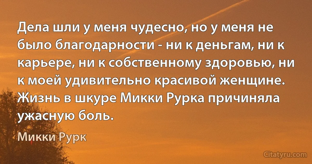 Дела шли у меня чудесно, но у меня не было благодарности - ни к деньгам, ни к карьере, ни к собственному здоровью, ни к моей удивительно красивой женщине. Жизнь в шкуре Микки Рурка причиняла ужасную боль. (Микки Рурк)