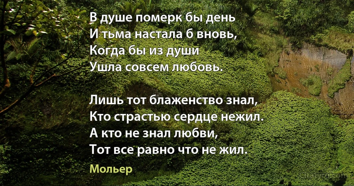 В душе померк бы день
И тьма настала б вновь, 
Когда бы из души
Ушла совсем любовь.

Лишь тот блаженство знал, 
Кто страстью сердце нежил.
А кто не знал любви,
Тот все равно что не жил. (Мольер)