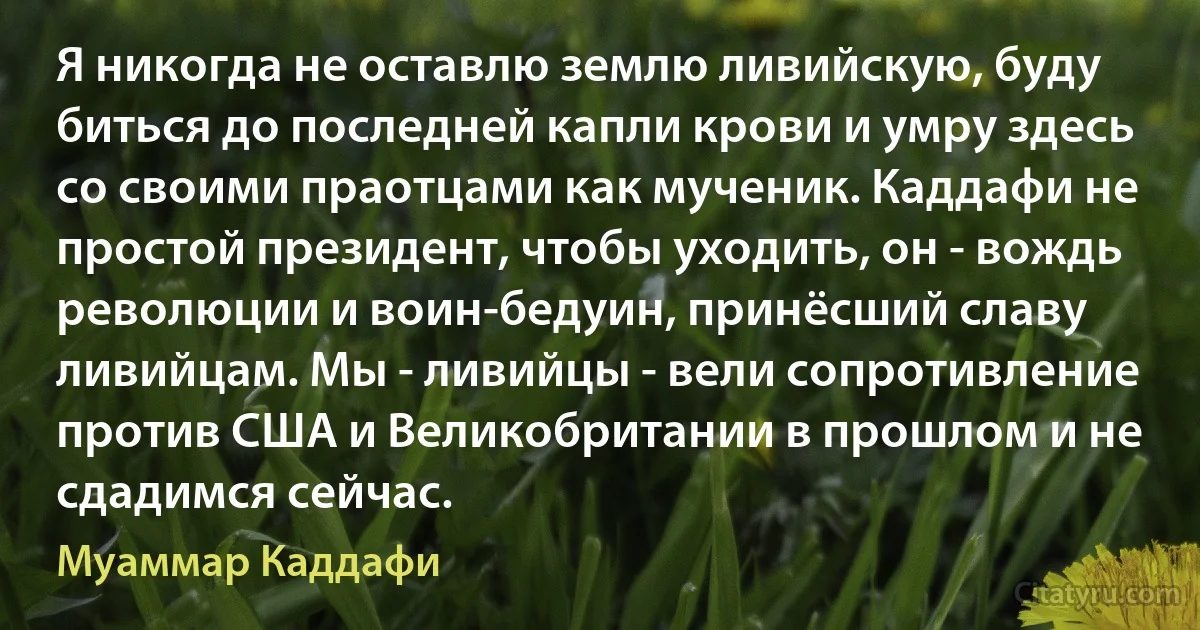 Я никогда не оставлю землю ливийскую, буду биться до последней капли крови и умру здесь со своими праотцами как мученик. Каддафи не простой президент, чтобы уходить, он - вождь революции и воин-бедуин, принёсший славу ливийцам. Мы - ливийцы - вели сопротивление против США и Великобритании в прошлом и не сдадимся сейчас. (Муаммар Каддафи)