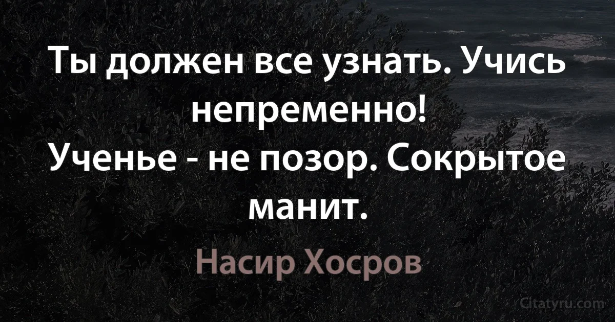 Ты должен все узнать. Учись непременно!
Ученье - не позор. Сокрытое манит. (Насир Хосров)