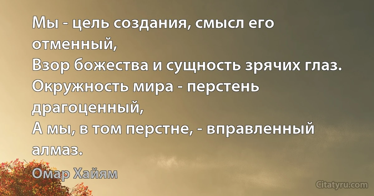 Мы - цель создания, смысл его отменный, 
Взор божества и сущность зрячих глаз.
Окружность мира - перстень драгоценный,
А мы, в том перстне, - вправленный алмаз. (Омар Хайям)