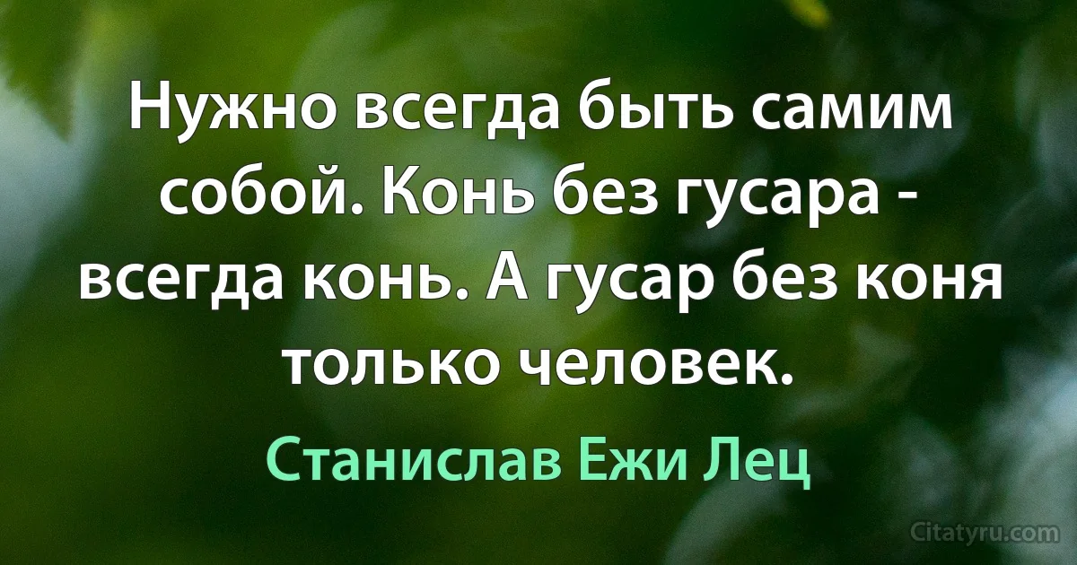 Нужно всегда быть самим собой. Конь без гусара - всегда конь. А гусар без коня только человек. (Станислав Ежи Лец)