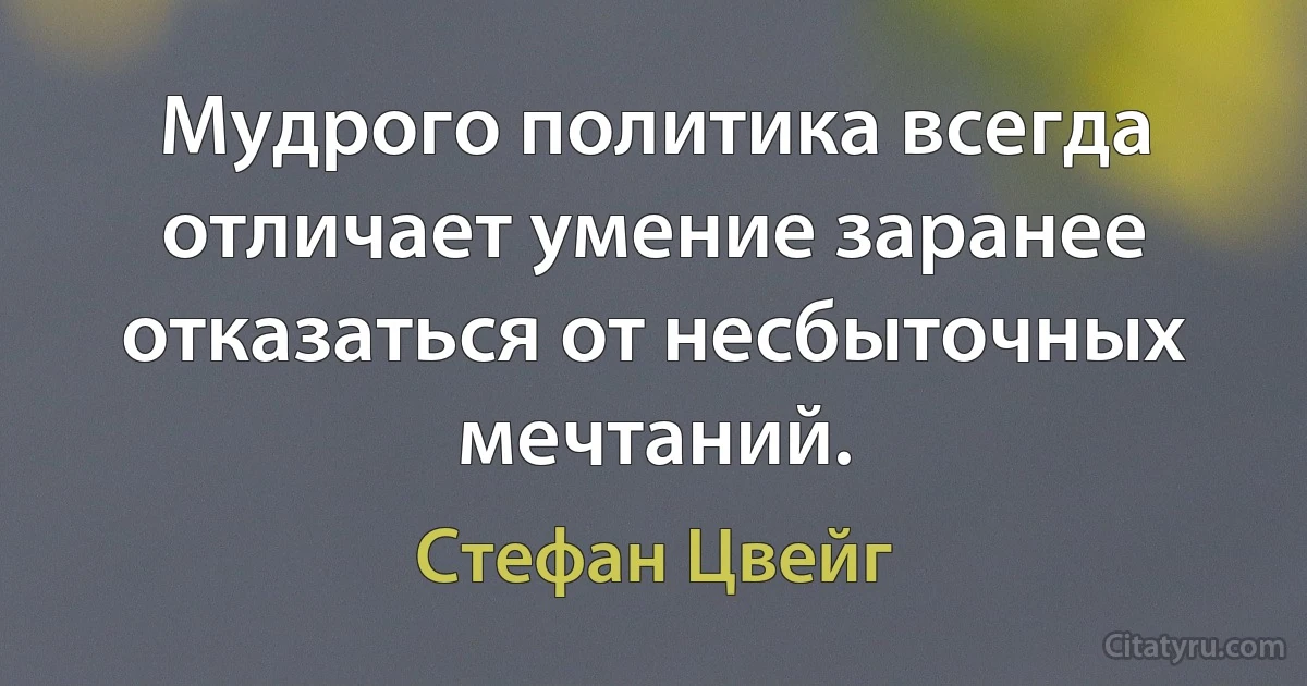 Мудрого политика всегда отличает умение заранее отказаться от несбыточных мечтаний. (Стефан Цвейг)