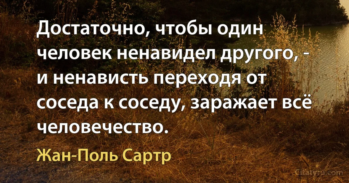 Достаточно, чтобы один человек ненавидел другого, - и ненависть переходя от соседа к соседу, заражает всё человечество. (Жан-Поль Сартр)