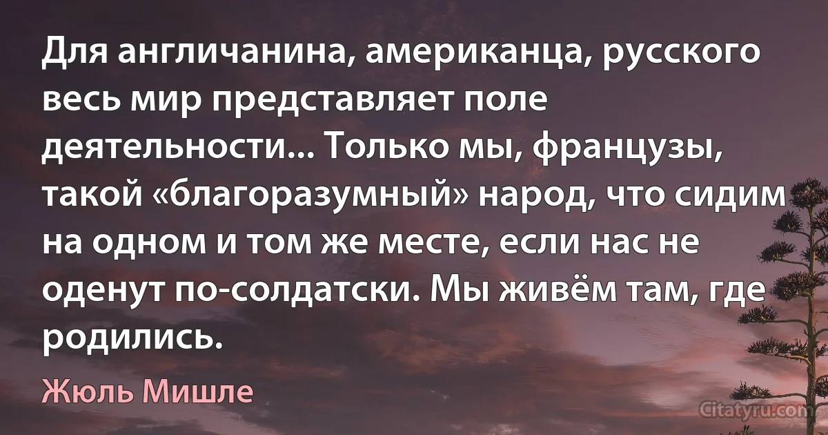 Для англичанина, американца, русского весь мир представляет поле деятельности... Только мы, французы, такой «благоразумный» народ, что сидим на одном и том же месте, если нас не оденут по-солдатски. Мы живём там, где родились. (Жюль Мишле)