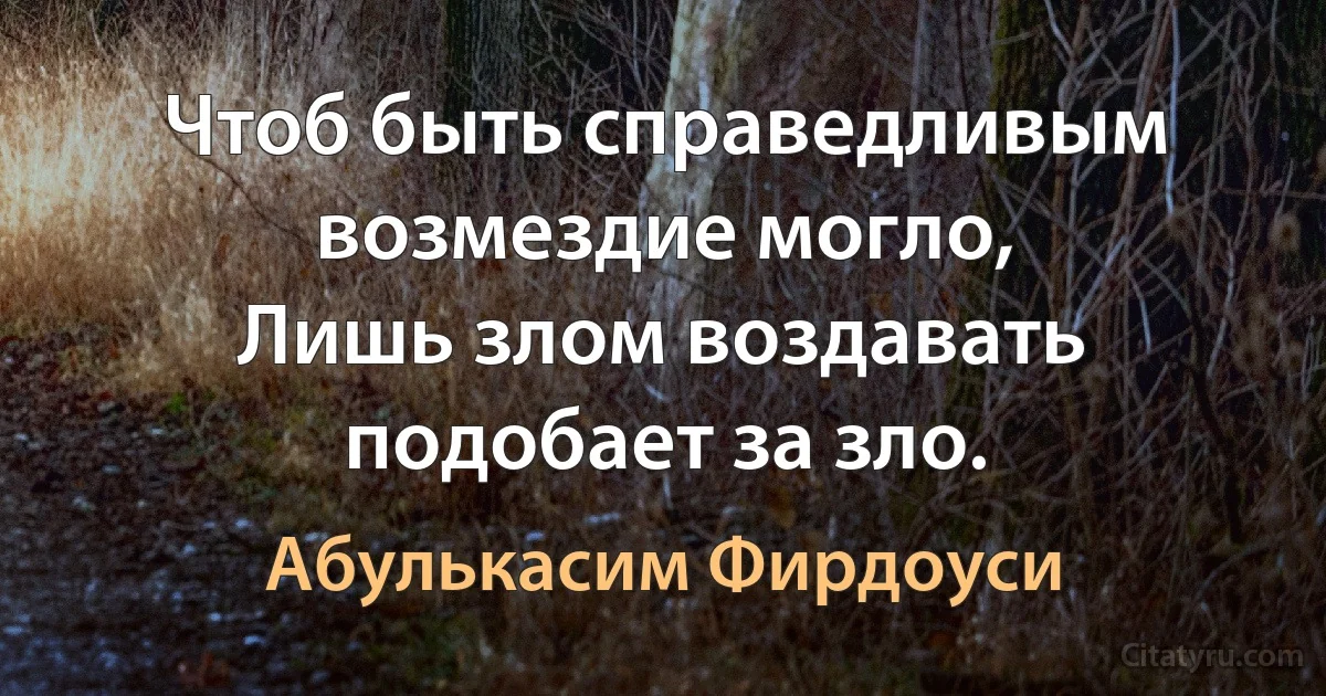 Чтоб быть справедливым возмездие могло,
Лишь злом воздавать подобает за зло. (Абулькасим Фирдоуси)