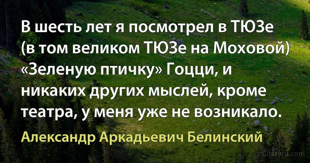 В шесть лет я посмотрел в ТЮЗе (в том великом ТЮЗе на Моховой) «Зеленую птичку» Гоцци, и никаких других мыслей, кроме театра, у меня уже не возникало. (Александр Аркадьевич Белинский)