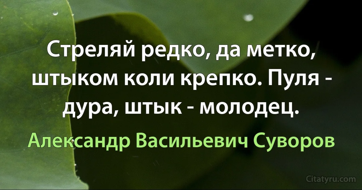 Стреляй редко, да метко, штыком коли крепко. Пуля - дура, штык - молодец. (Александр Васильевич Суворов)