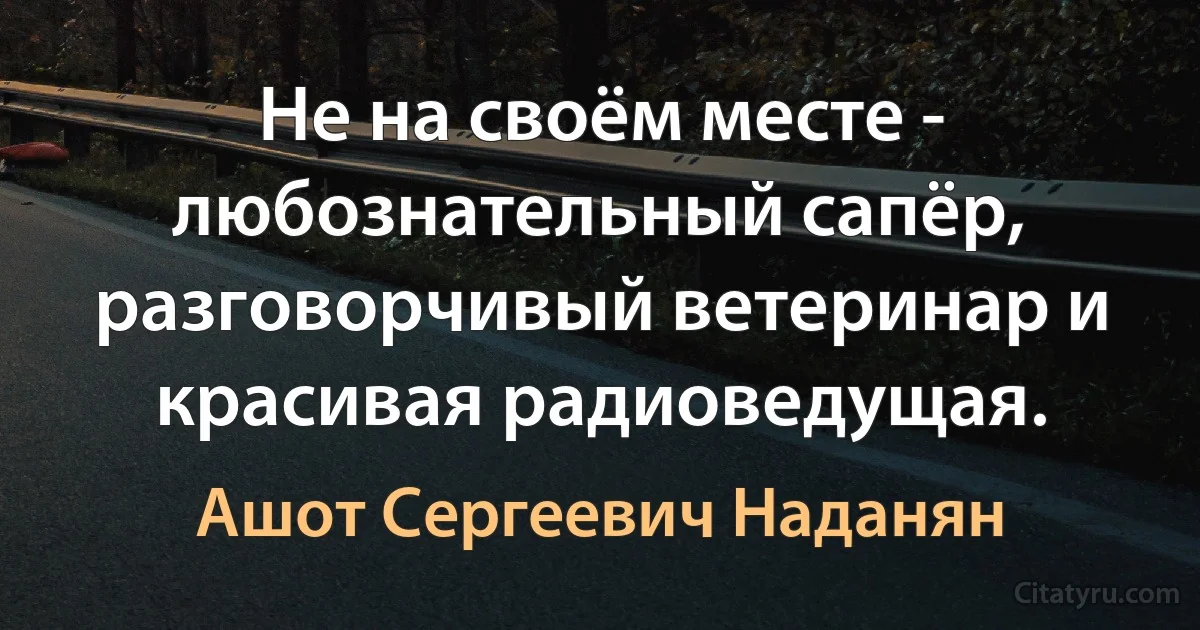 Не на своём месте - любознательный сапёр, разговорчивый ветеринар и красивая радиоведущая. (Ашот Сергеевич Наданян)