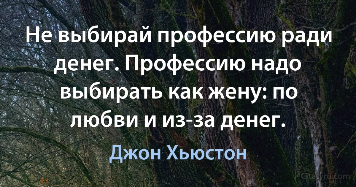 Не выбирай профессию ради денег. Профессию надо выбирать как жену: по любви и из-за денег. (Джон Хьюстон)