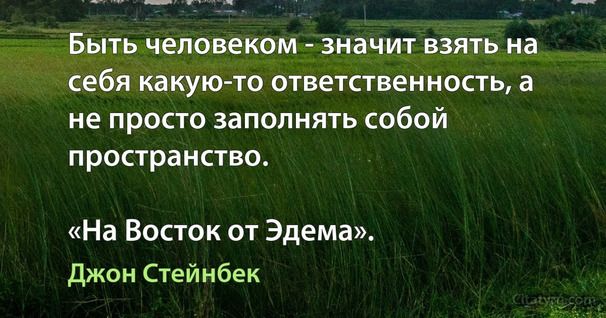 Быть человеком - значит взять на себя какую-то ответственность, а не просто заполнять собой пространство.

«На Восток от Эдема». (Джон Стейнбек)