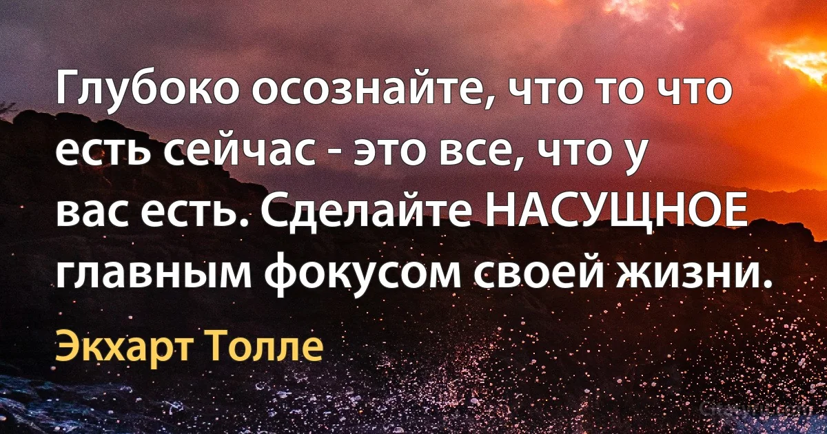 Глубоко осознайте, что то что есть сейчас - это все, что у вас есть. Сделайте НАСУЩНОЕ главным фокусом своей жизни. (Экхарт Толле)