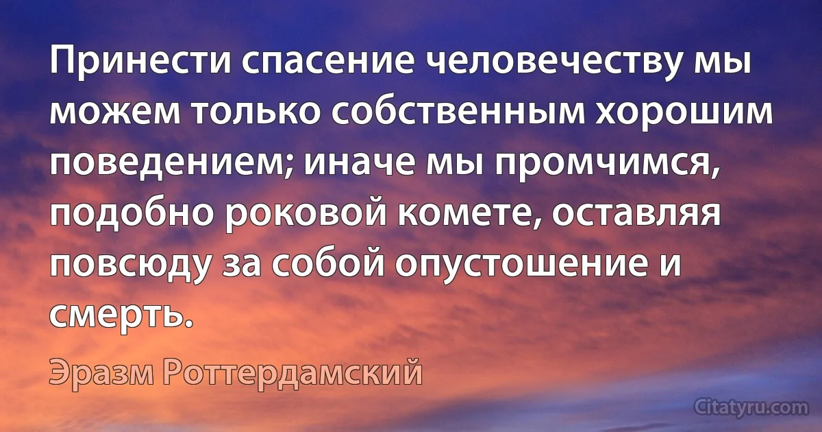 Принести спасение человечеству мы можем только собственным хорошим поведением; иначе мы промчимся, подобно роковой комете, оставляя повсюду за собой опустошение и смерть. (Эразм Роттердамский)