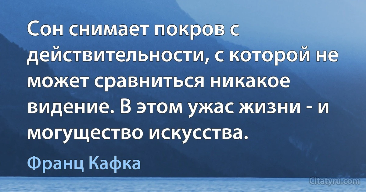 Сон снимает покров с действительности, с которой не может сравниться никакое видение. В этом ужас жизни - и могущество искусства. (Франц Кафка)