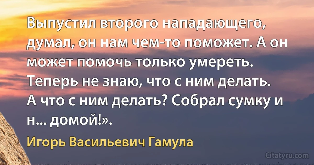 Выпустил второго нападающего, думал, он нам чем-то поможет. А он может помочь только умереть. Теперь не знаю, что с ним делать. А что с ним делать? Собрал сумку и н... домой!». (Игорь Васильевич Гамула)