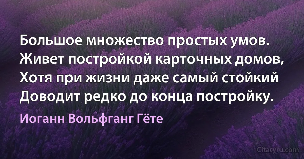 Большое множество простых умов. 
Живет постройкой карточных домов, 
Хотя при жизни даже самый стойкий
Доводит редко до конца постройку. (Иоганн Вольфганг Гёте)