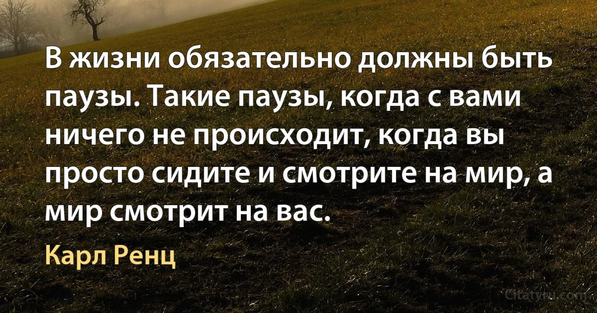 В жизни обязательно должны быть паузы. Такие паузы, когда с вами ничего не происходит, когда вы просто сидите и смотрите на мир, а мир смотрит на вас. (Карл Ренц)