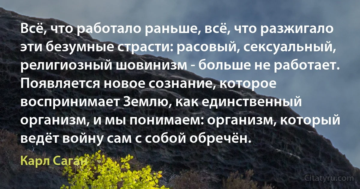 Всё, что работало раньше, всё, что разжигало эти безумные страсти: расовый, сексуальный, религиозный шовинизм - больше не работает. Появляется новое сознание, которое воспринимает Землю, как единственный организм, и мы понимаем: организм, который ведёт войну сам с собой обречён. (Карл Саган)