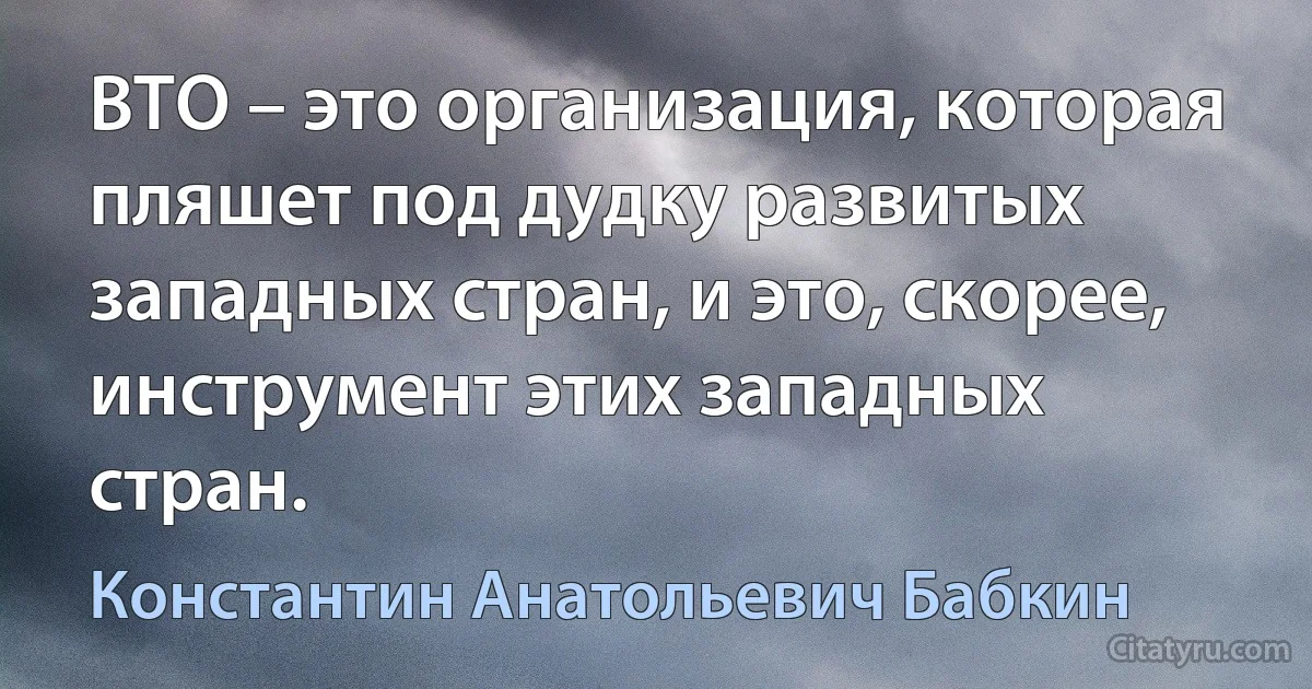 ВТО – это организация, которая пляшет под дудку развитых западных стран, и это, скорее, инструмент этих западных стран. (Константин Анатольевич Бабкин)