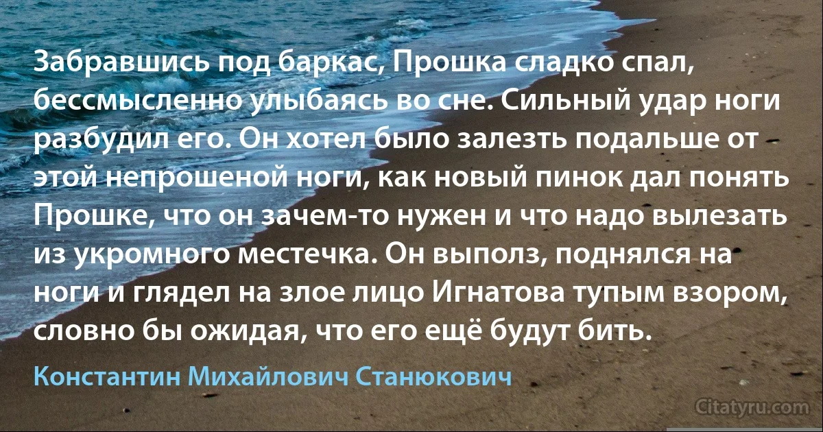 Забравшись под баркас, Прошка сладко спал, бессмысленно улыбаясь во сне. Сильный удар ноги разбудил его. Он хотел было залезть подальше от этой непрошеной ноги, как новый пинок дал понять Прошке, что он зачем-то нужен и что надо вылезать из укромного местечка. Он выполз, поднялся на ноги и глядел на злое лицо Игнатова тупым взором, словно бы ожидая, что его ещё будут бить. (Константин Михайлович Станюкович)