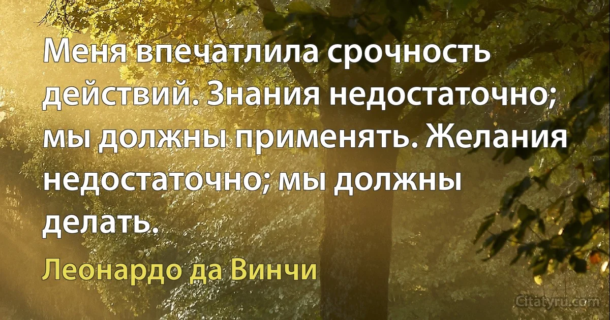 Меня впечатлила срочность действий. Знания недостаточно; мы должны применять. Желания недостаточно; мы должны делать. (Леонардо да Винчи)