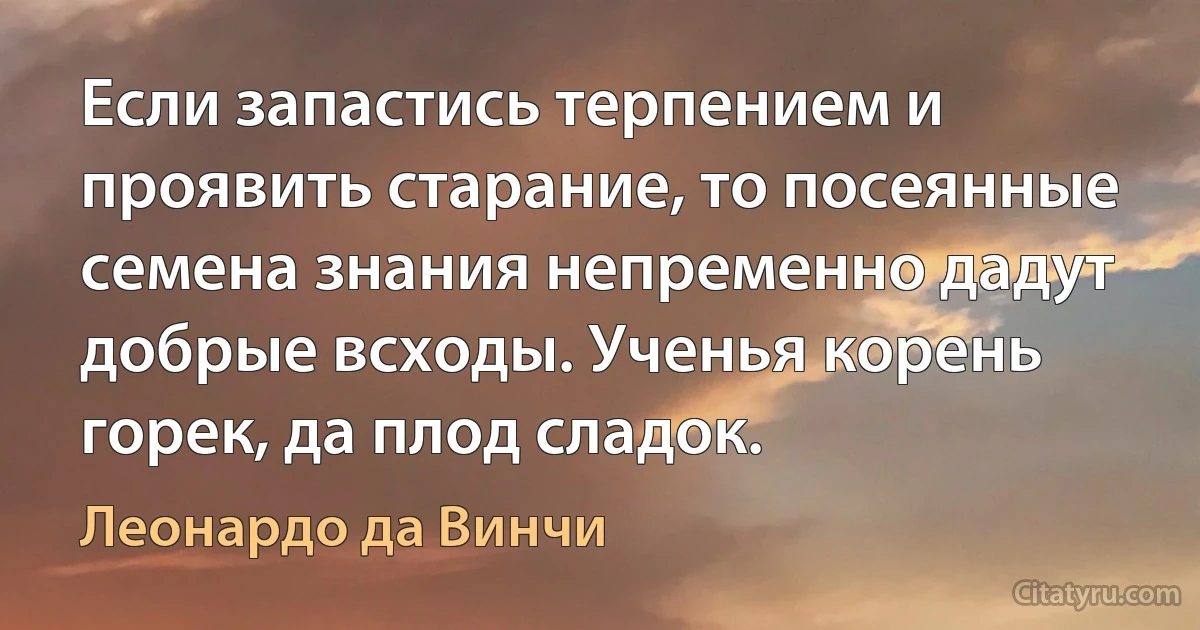 Если запастись терпением и проявить старание, то посеянные семена знания непременно дадут добрые всходы. Ученья корень горек, да плод сладок. (Леонардо да Винчи)