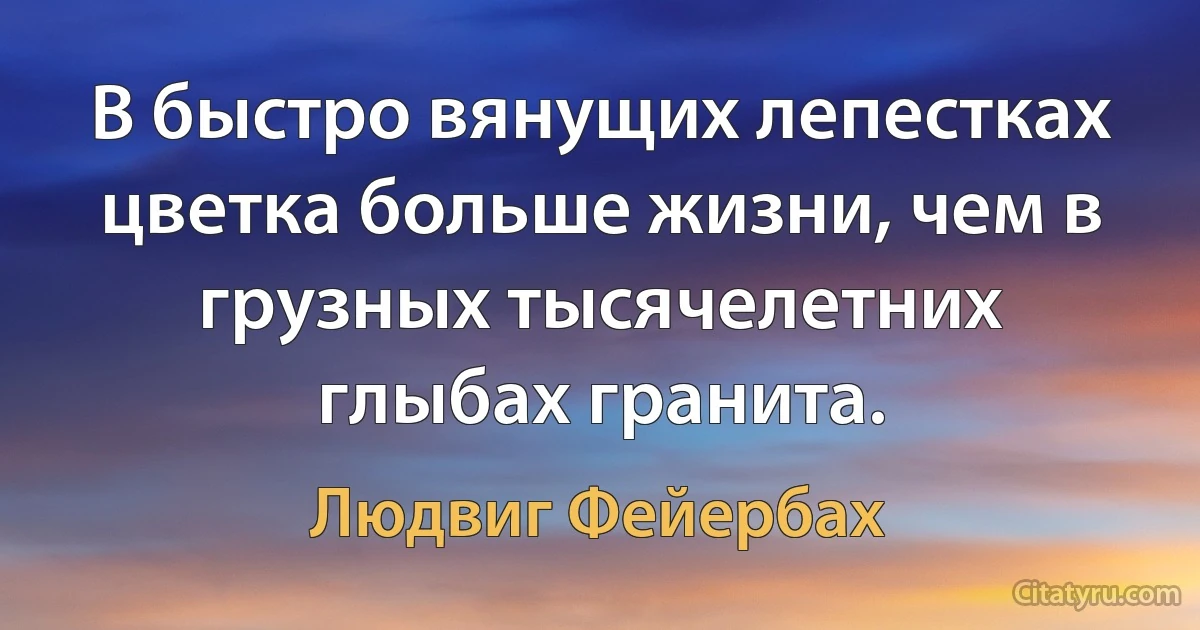 В быстро вянущих лепестках цветка больше жизни, чем в грузных тысячелетних глыбах гранита. (Людвиг Фейербах)