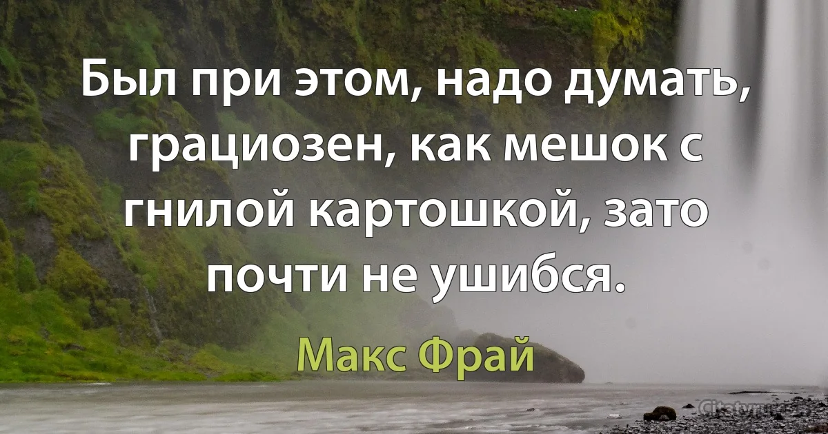 Был при этом, надо думать, грациозен, как мешок с гнилой картошкой, зато почти не ушибся. (Макс Фрай)