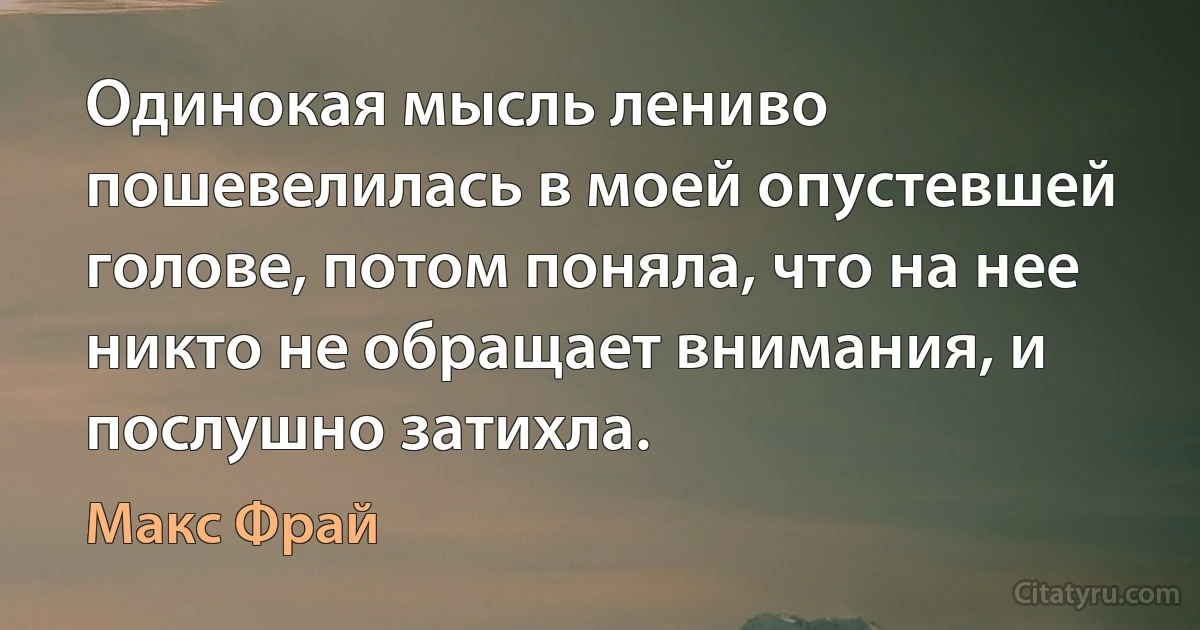 Одинокая мысль лениво пошевелилась в моей опустевшей голове, потом поняла, что на нее никто не обращает внимания, и послушно затихла. (Макс Фрай)