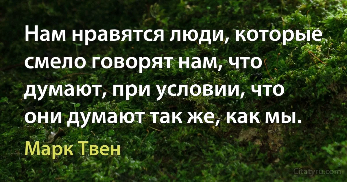 Нам нравятся люди, которые смело говорят нам, что думают, при условии, что они думают так же, как мы. (Марк Твен)