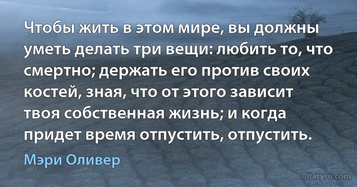 Чтобы жить в этом мире, вы должны уметь делать три вещи: любить то, что смертно; держать его против своих костей, зная, что от этого зависит твоя собственная жизнь; и когда придет время отпустить, отпустить. (Мэри Оливер)