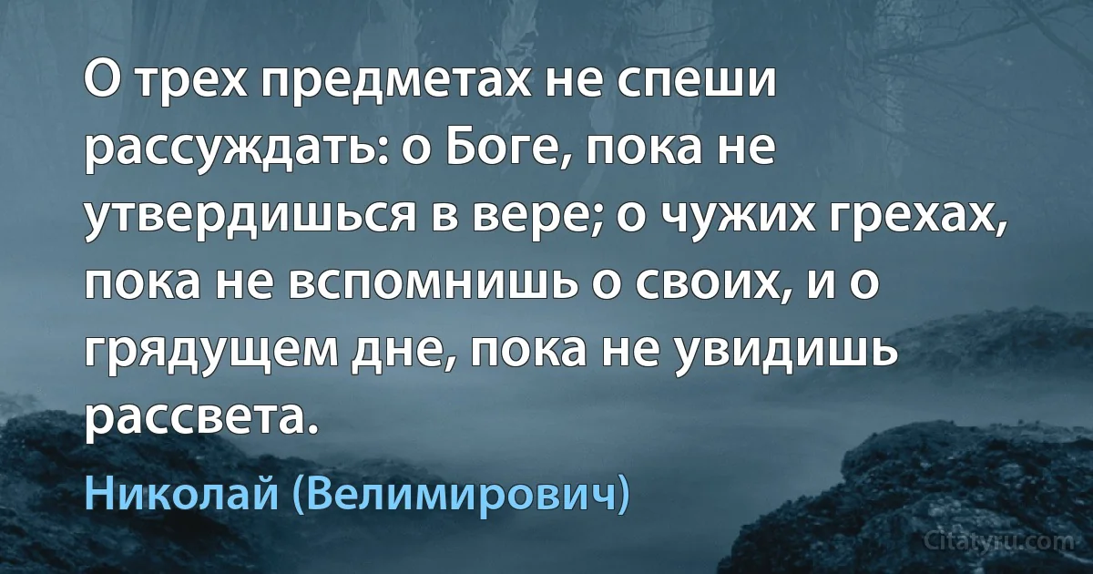 О трех предметах не спеши рассуждать: о Боге, пока не утвердишься в вере; о чужих грехах, пока не вспомнишь о своих, и о грядущем дне, пока не увидишь рассвета. (Николай (Велимирович))