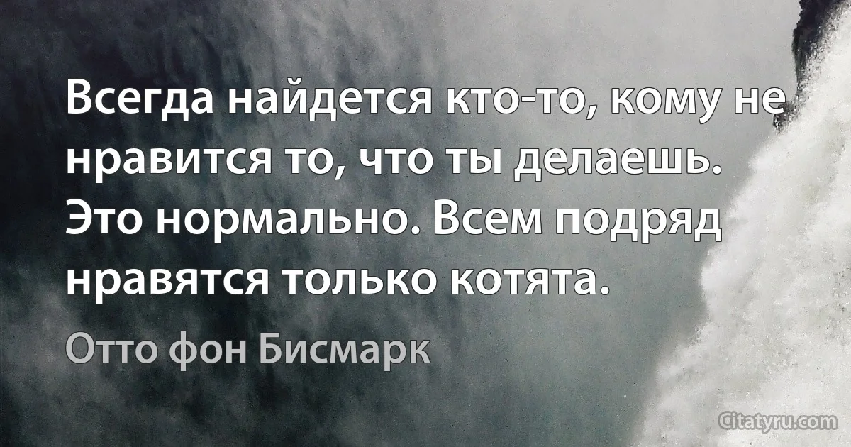 Всегда найдется кто-то, кому не нравится то, что ты делаешь. Это нормально. Всем подряд нравятся только котята. (Отто фон Бисмарк)