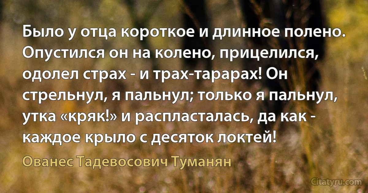 Было у отца короткое и длинное полено. Опустился он на колено, прицелился, одолел страх - и трах-тарарах! Он стрельнул, я пальнул; только я пальнул, утка «кряк!» и распласталась, да как - каждое крыло с десяток локтей! (Ованес Тадевосович Туманян)