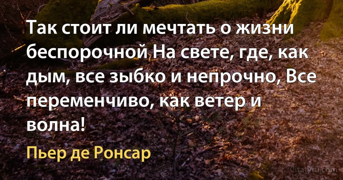 Так стоит ли мечтать о жизни беспорочной На свете, где, как дым, все зыбко и непрочно, Все переменчиво, как ветер и волна! (Пьер де Ронсар)