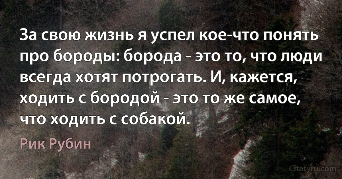 За свою жизнь я успел кое-что понять про бороды: борода - это то, что люди всегда хотят потрогать. И, кажется, ходить с бородой - это то же самое, что ходить с собакой. (Рик Рубин)