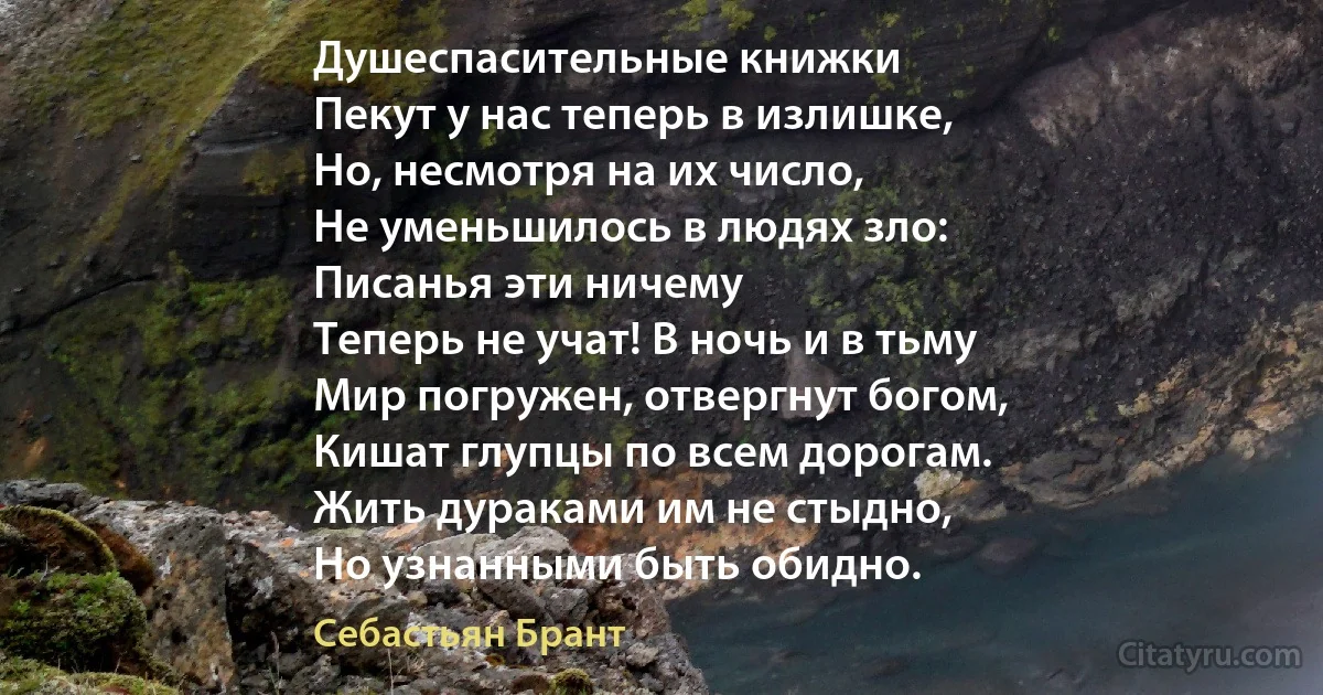 Душеспасительные книжки
Пекут у нас теперь в излишке,
Но, несмотря на их число,
Не уменьшилось в людях зло:
Писанья эти ничему
Теперь не учат! В ночь и в тьму
Мир погружен, отвергнут богом,
Кишат глупцы по всем дорогам.
Жить дураками им не стыдно,
Но узнанными быть обидно. (Себастьян Брант)