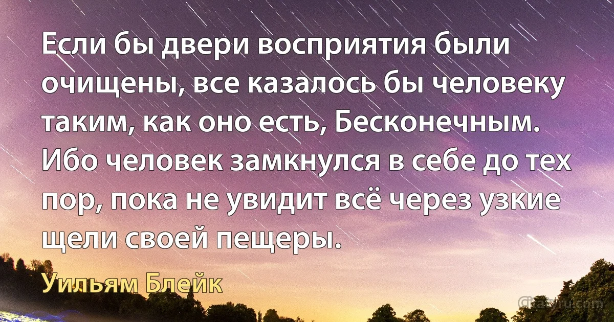 Если бы двери восприятия были очищены, все казалось бы человеку таким, как оно есть, Бесконечным. Ибо человек замкнулся в себе до тех пор, пока не увидит всё через узкие щели своей пещеры. (Уильям Блейк)