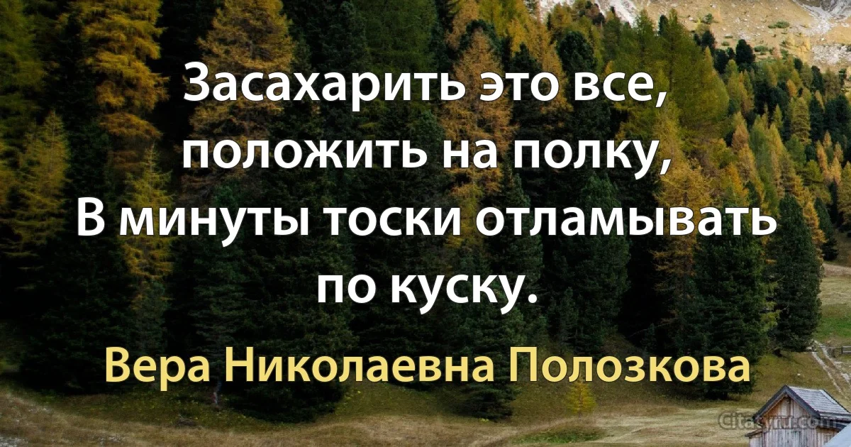 Засахарить это все, положить на полку,
В минуты тоски отламывать по куску. (Вера Николаевна Полозкова)