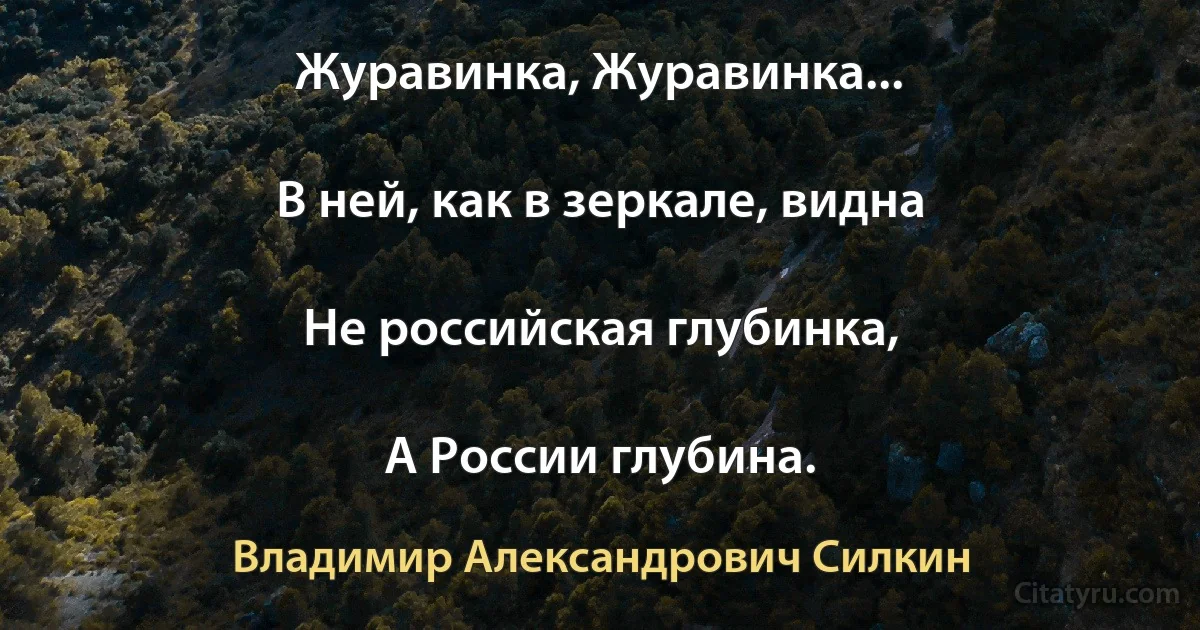 Журавинка, Журавинка...

В ней, как в зеркале, видна

Не российская глубинка,

А России глубина. (Владимир Александрович Силкин)